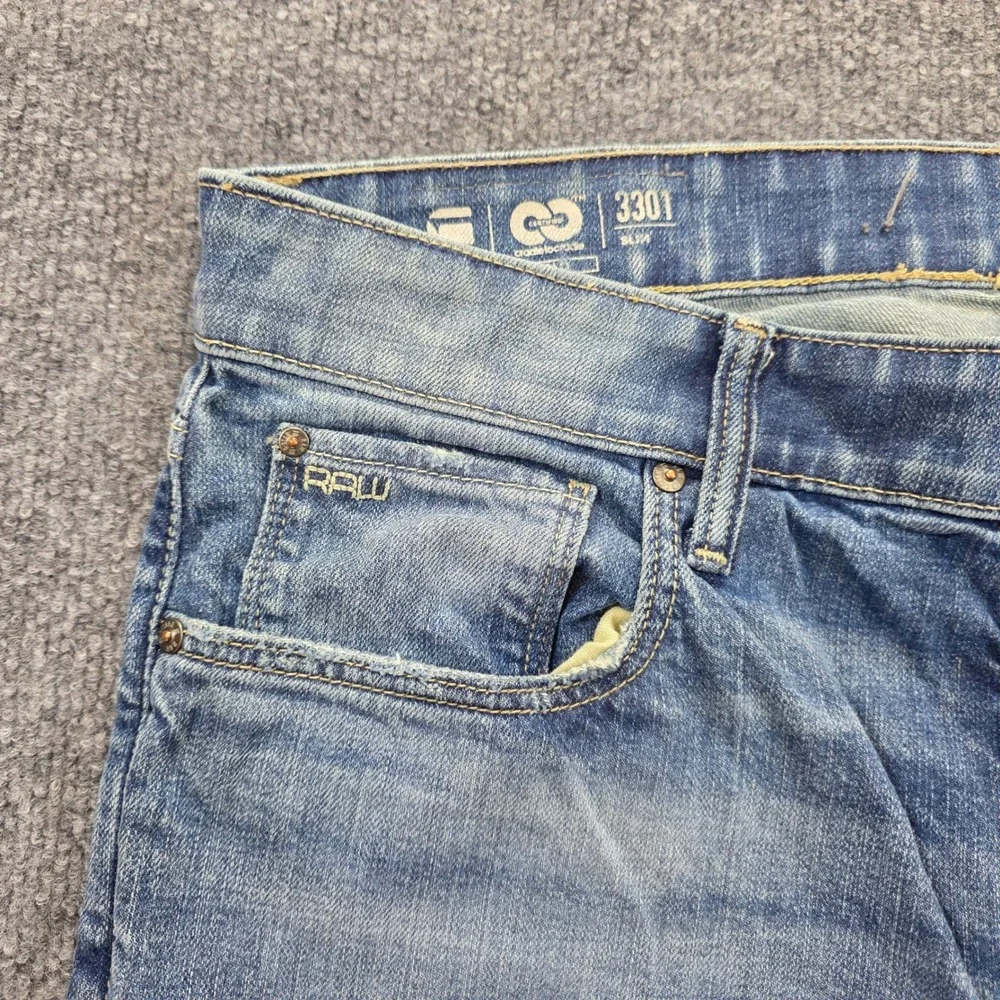 G-Star Raw Jeans Mens 33x33 Blue 3301 Slim Straight Distressed Button Fly Faded